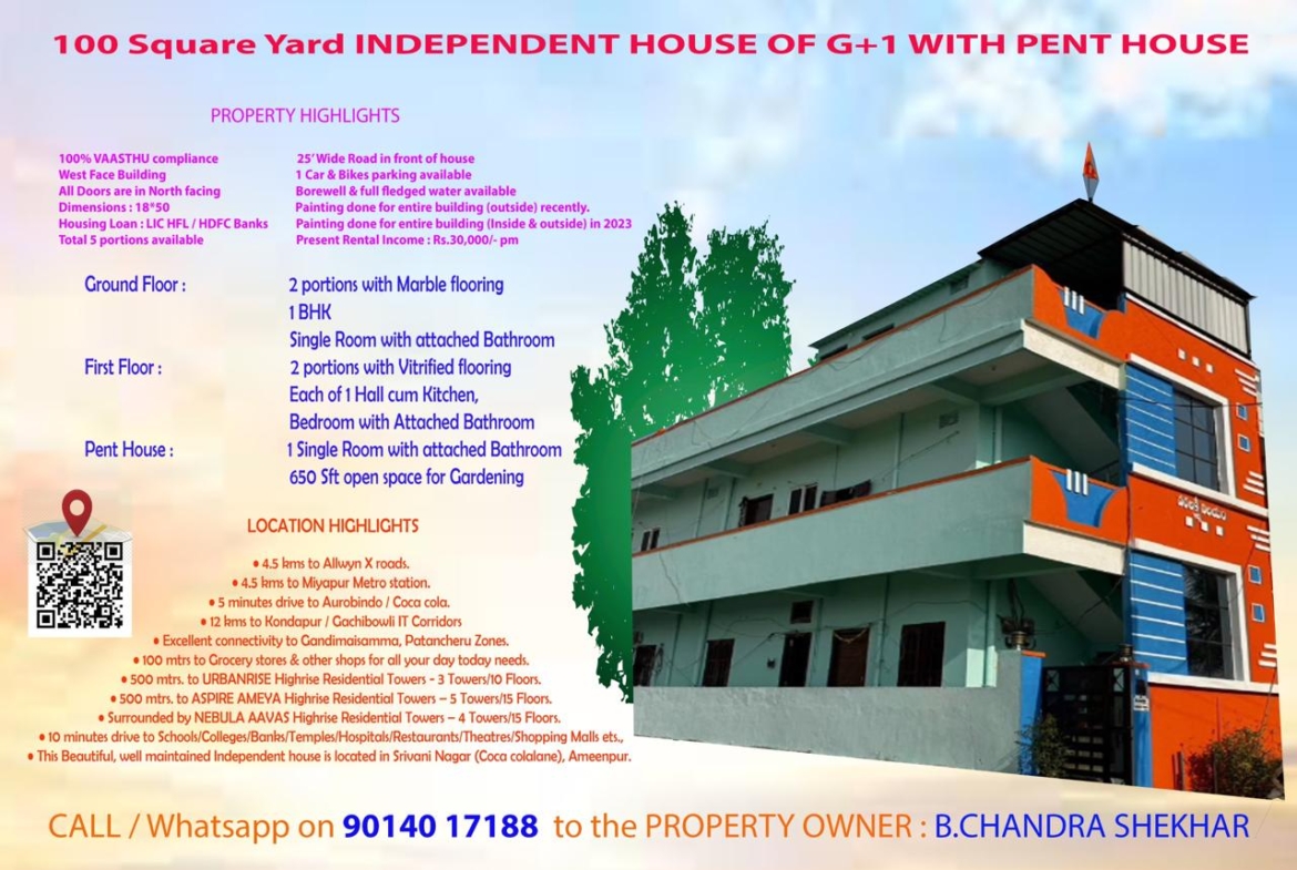 Independent House for Sale in Miyapur – 100 Sq Yards G+1+Penthouse with ₹30,000 Rental Income