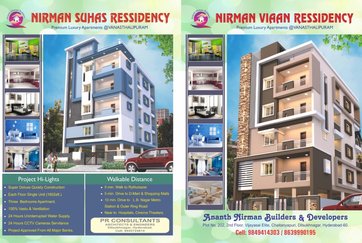3BHK Flats for Sale in Vanasthalipuram – 1800 SFT North Facing | Nirman Builders